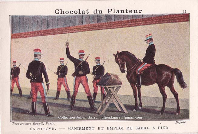 <b>fig.13</b>Cartes postales et publicitaires entre 1880 et 1914 sur la thématique de l’entrainement à l’escrime de guerre