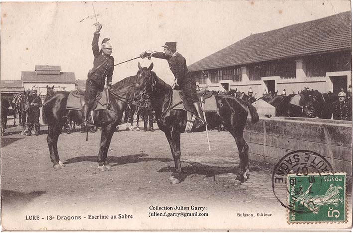 <b>fig.16</b>Cartes postales et publicitaires entre 1880 et 1914 sur la thématique de l’entrainement à l’escrime de guerre