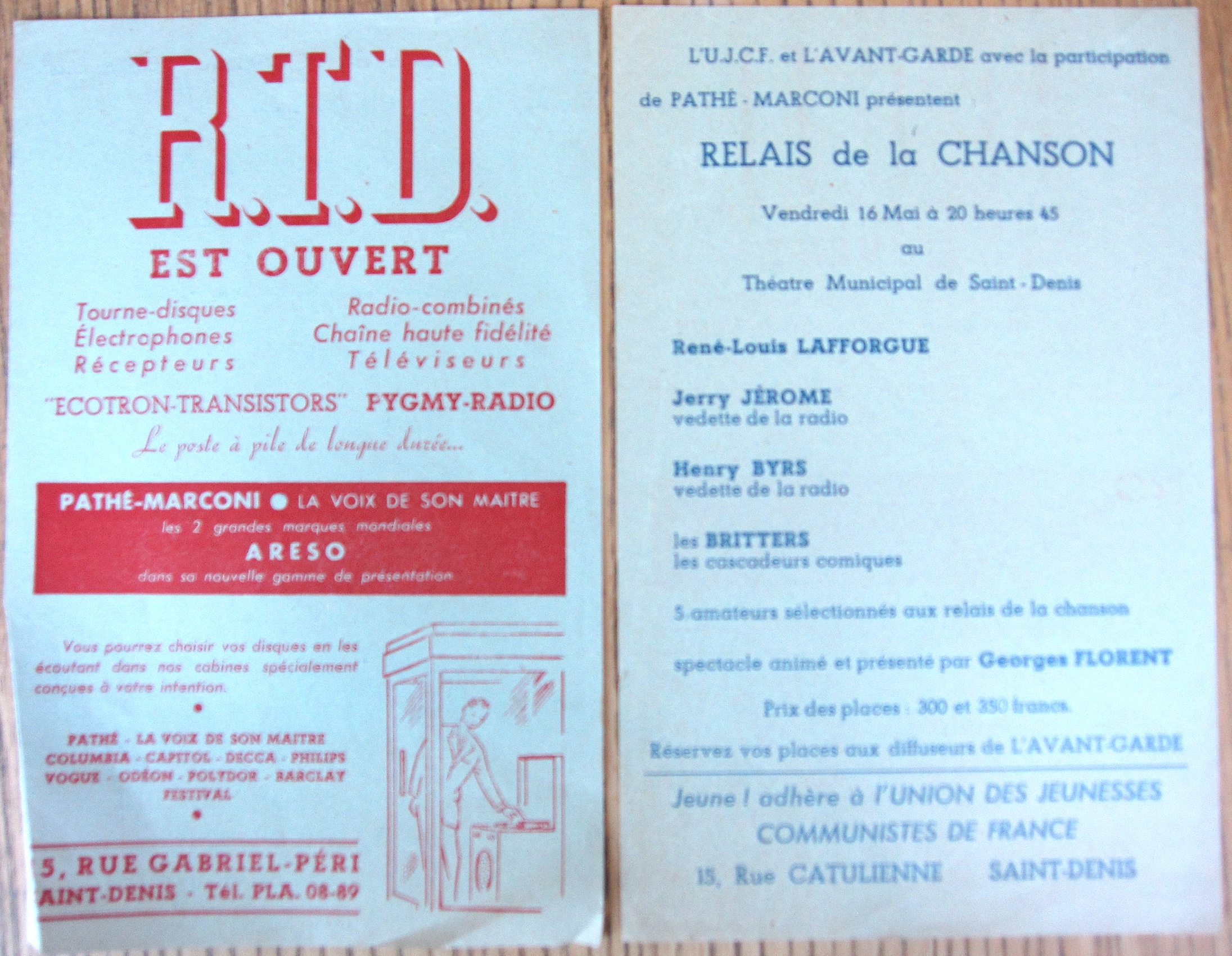 Du « matériel de propagande » pour
    une éliminatoire des Relais de la chanson au Théâtre
    municipal de Saint-Denis (mai 1958), avec Lafforgue, deux vedettes de
    la radio et les Britters, des « cascadeurs comiques ».
Les jeunes peuvent réserver leurs places auprès des diffuseurs de <i>L’AG</i>. Comme l’exige la pratique militante, l’impression du tract est financée grâce à la vente d’espace publicitaire (en l’occurrence, une boutique vendant de
    l’électronique grand public).