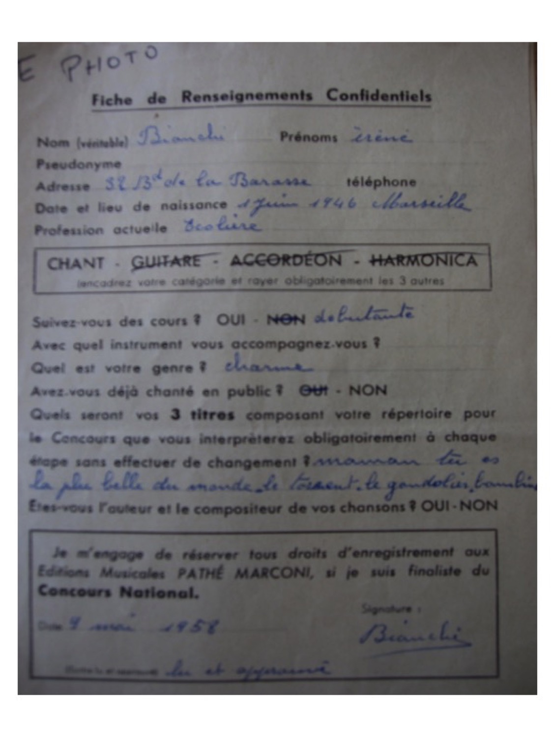 La fiche d’inscription aux Relais d’Irène
    Bianchi.